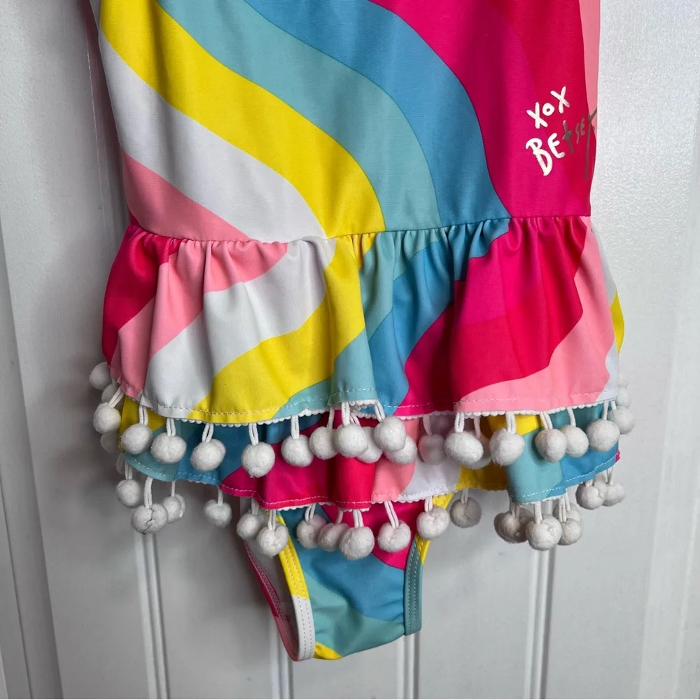 Betsy Johnson Girls ‘Sun Kissed’ Colorful Swimsuit with Pom Pom Trim. Size‎ 7/8